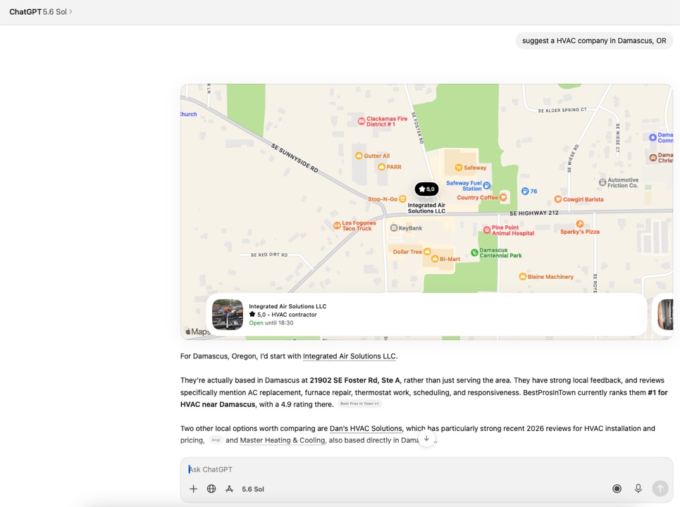 ChatGPT answering a request for an HVAC company in Damascus, Oregon, recommending Integrated Air Solutions and citing a Best Pros In Town source chip