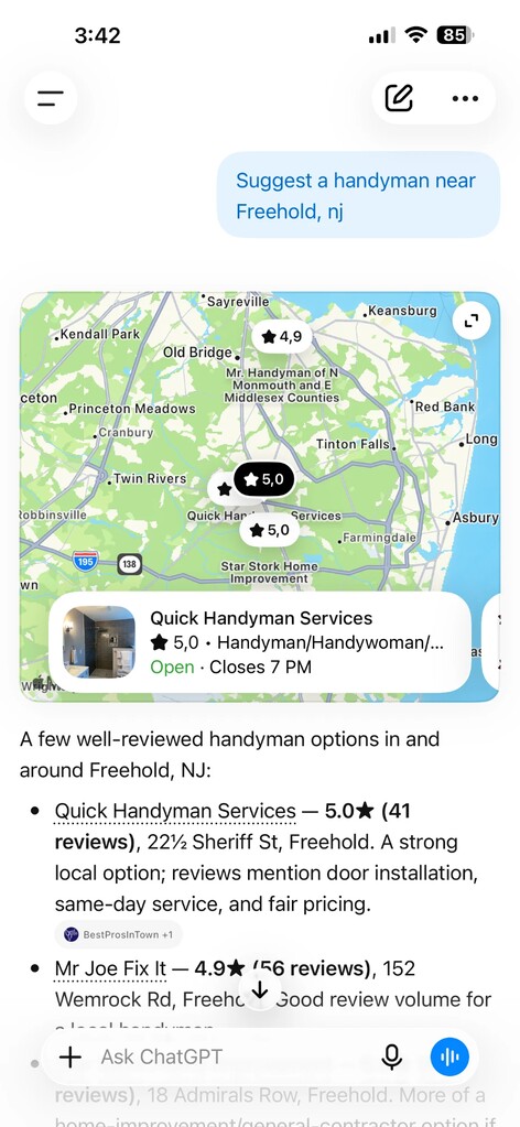 ChatGPT answering a request for a handyman near Freehold, New Jersey. It puts Quick Handyman Services first at 5.0 stars with 41 reviews and cites BestProsInTown as a source.