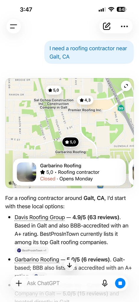 ChatGPT answering a request for a roofing contractor near Galt, California. It puts Davis Roofing Group first at 4.9 out of 5 with 63 reviews and says BestProsInTown lists it among the top Galt roofing companies.