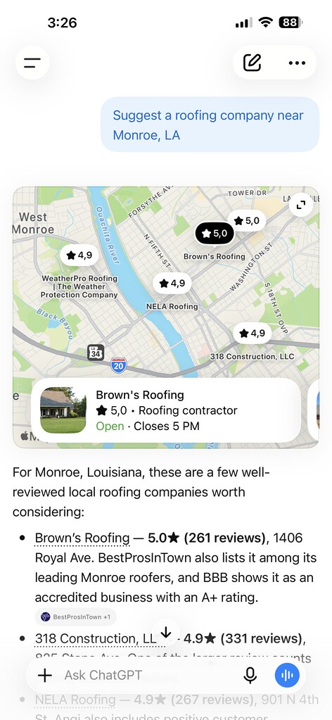 ChatGPT answering a request for a roofing company near Monroe, Louisiana. It puts Brown&rsquo;s Roofing first at 5.0 stars with 261 reviews and cites BestProsInTown as a source.