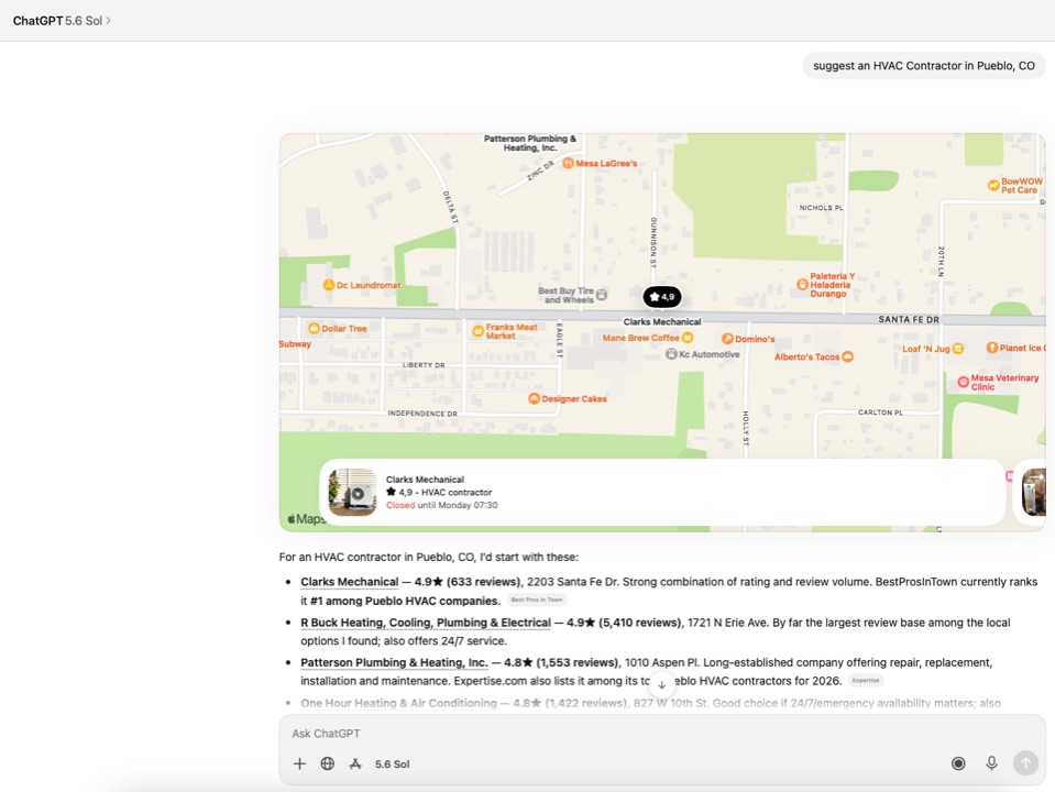 ChatGPT answering a request for an HVAC contractor in Pueblo, Colorado, ranking Clarks Mechanical first and noting that BestProsInTown ranks it #1 among Pueblo HVAC companies