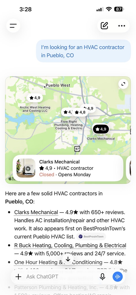 ChatGPT answering a request for an HVAC contractor in Pueblo, Colorado. It puts Clarks Mechanical first at 4.9 stars with more than 650 reviews and cites BestProsInTown as a source.